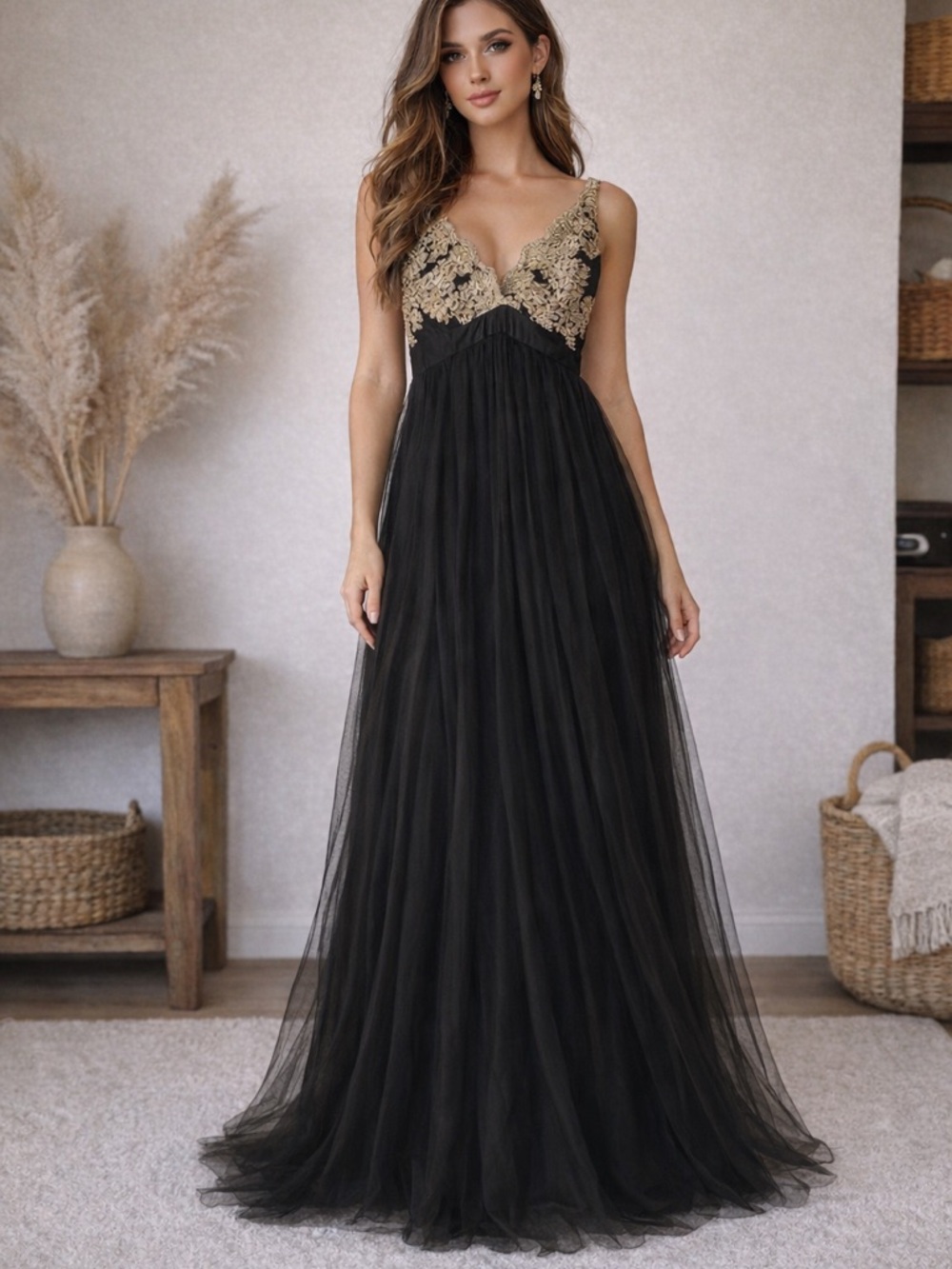 Windsor Black & Gold Embroidered Tulle Gown Empire Waist Maxi Front Slit